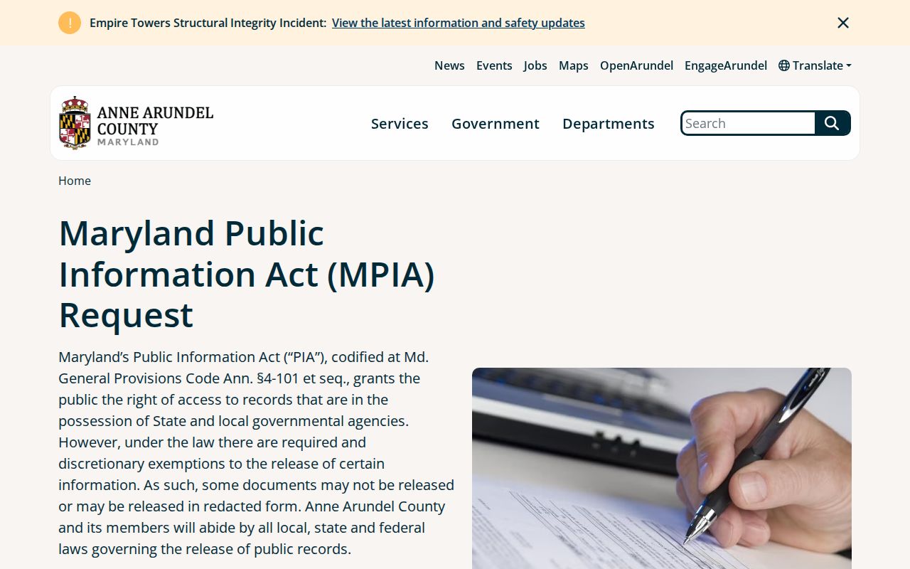 Anne Arundel MPIA portal for requesting Severna Park records