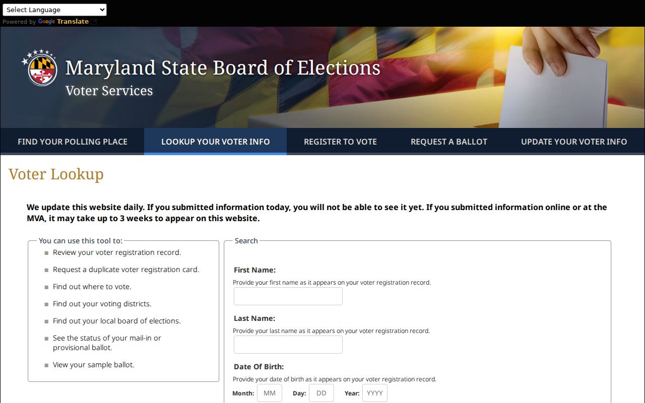 Severna Park voter registration records lookup on Maryland Voter Search